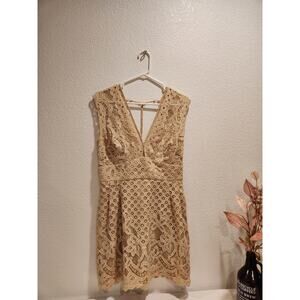 Free People Lace Mini Dress Beige Boho V-Neck Fit & Flare Festival Wedding lined